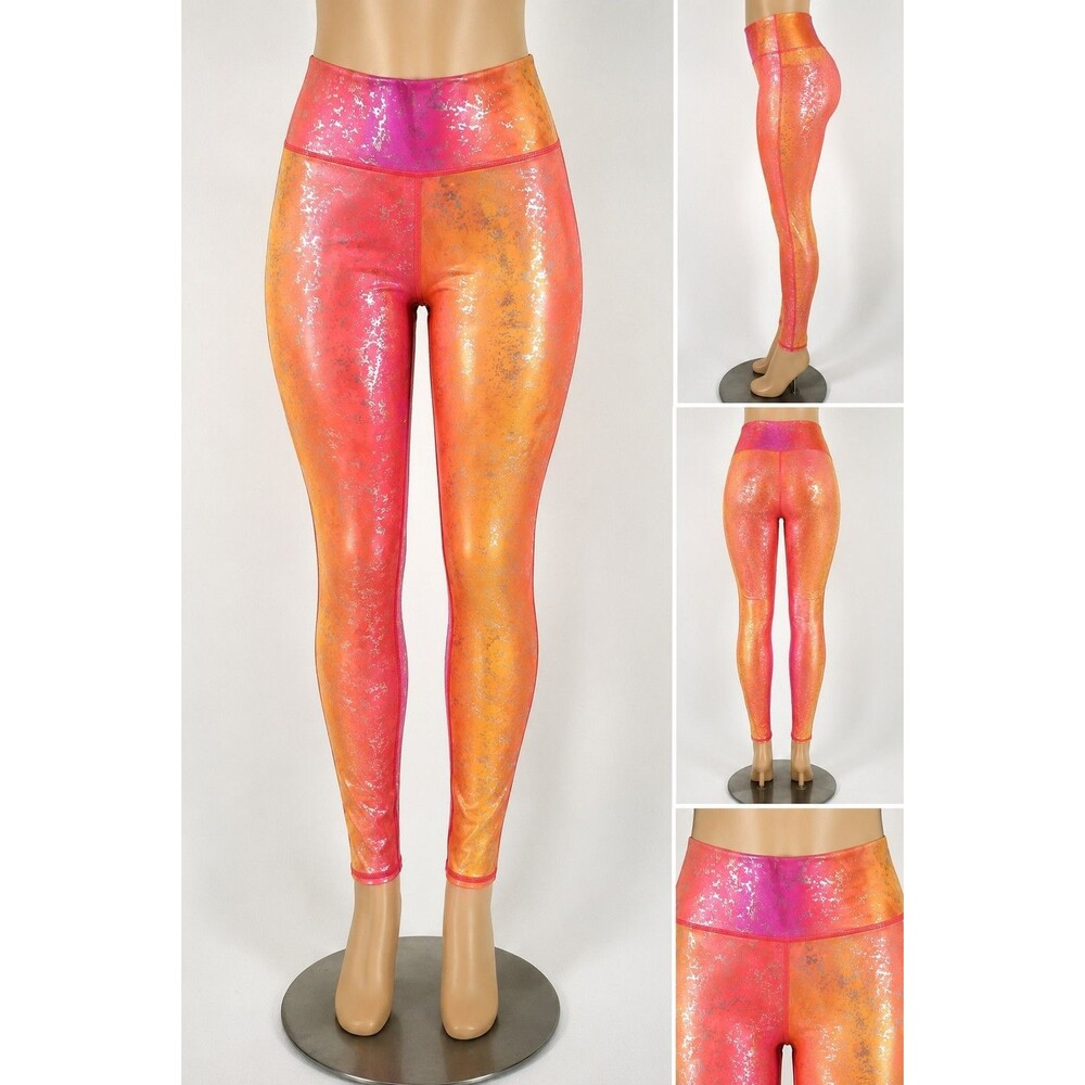 Terez Women’s XS Metallic Foil Leggings Pink Orange Ombré High Rise Yoga